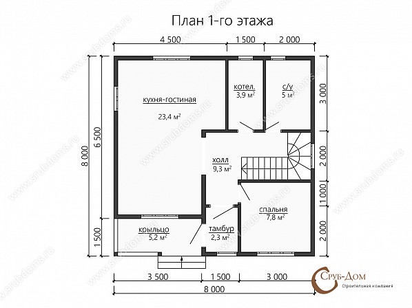 Планы проект деревянного дома 8x8. План 1-го этажа