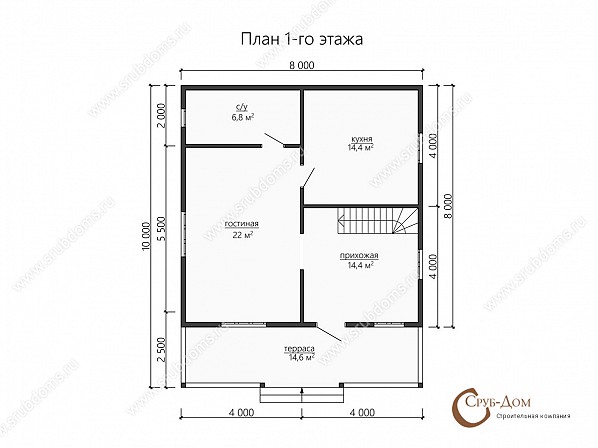 Планы проект брусового дома 10x8. План 1-го этажа