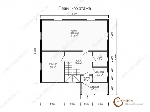 Планы проект дома из бруса 8,5x9,5. План 1-го этажа