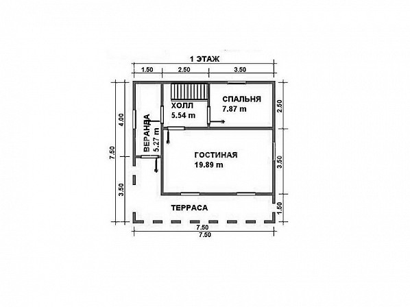 Планы проект дома из бруса 7,5x7,5. План 1-го этажа
