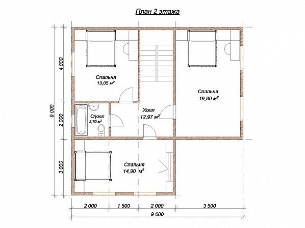 Планы проект дома из бруса 9x9. План 2-го этажа 