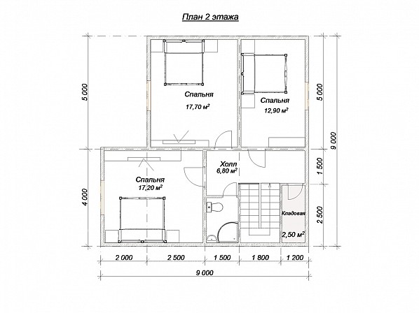 Планы проект брусового дома 9x9. План 2-го этажа 