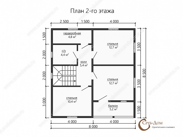 Планы проект дома из бруса 8x8,5. План 2-го этажа 