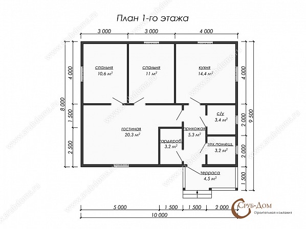 Планы проект деревянного дома 10x8. План 1-го этажа